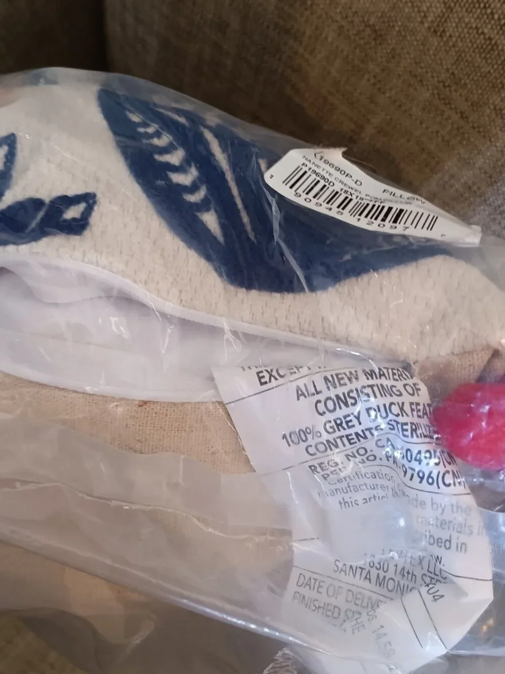 NWT Levtex Home Navy & Cream w/ Red PomPom Accent Pillow 18